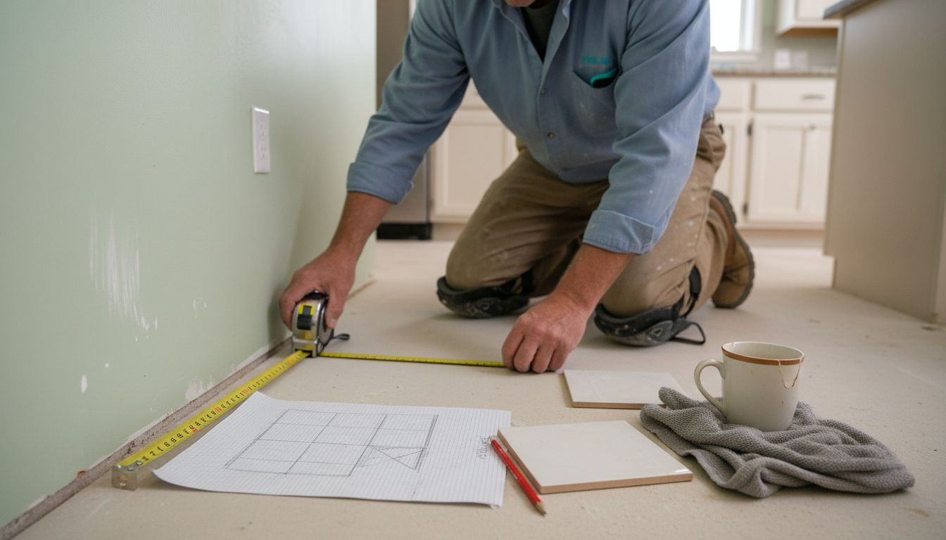 Installer measuring and planning tile layout