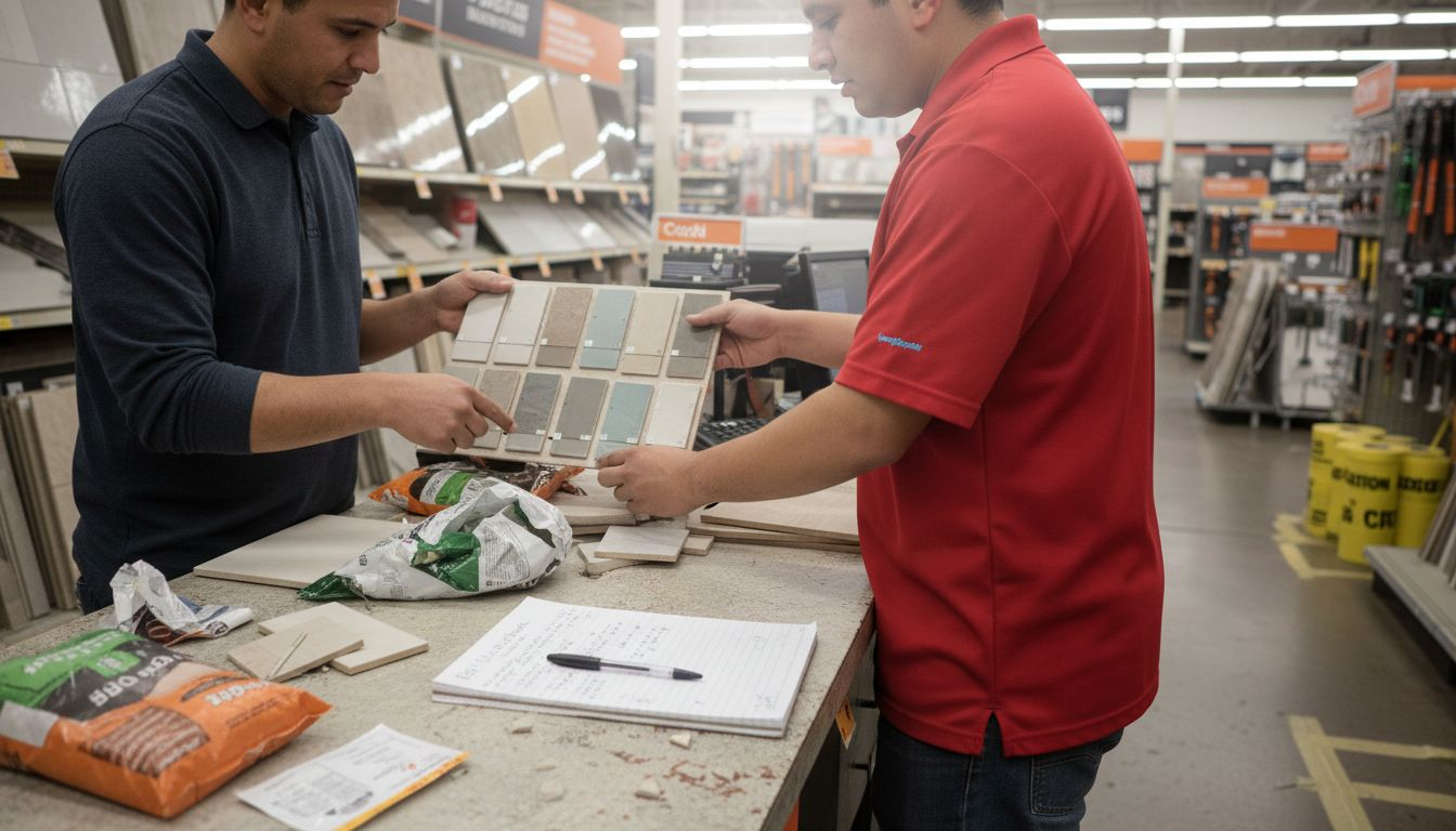 Customer compares grout cards with store staff