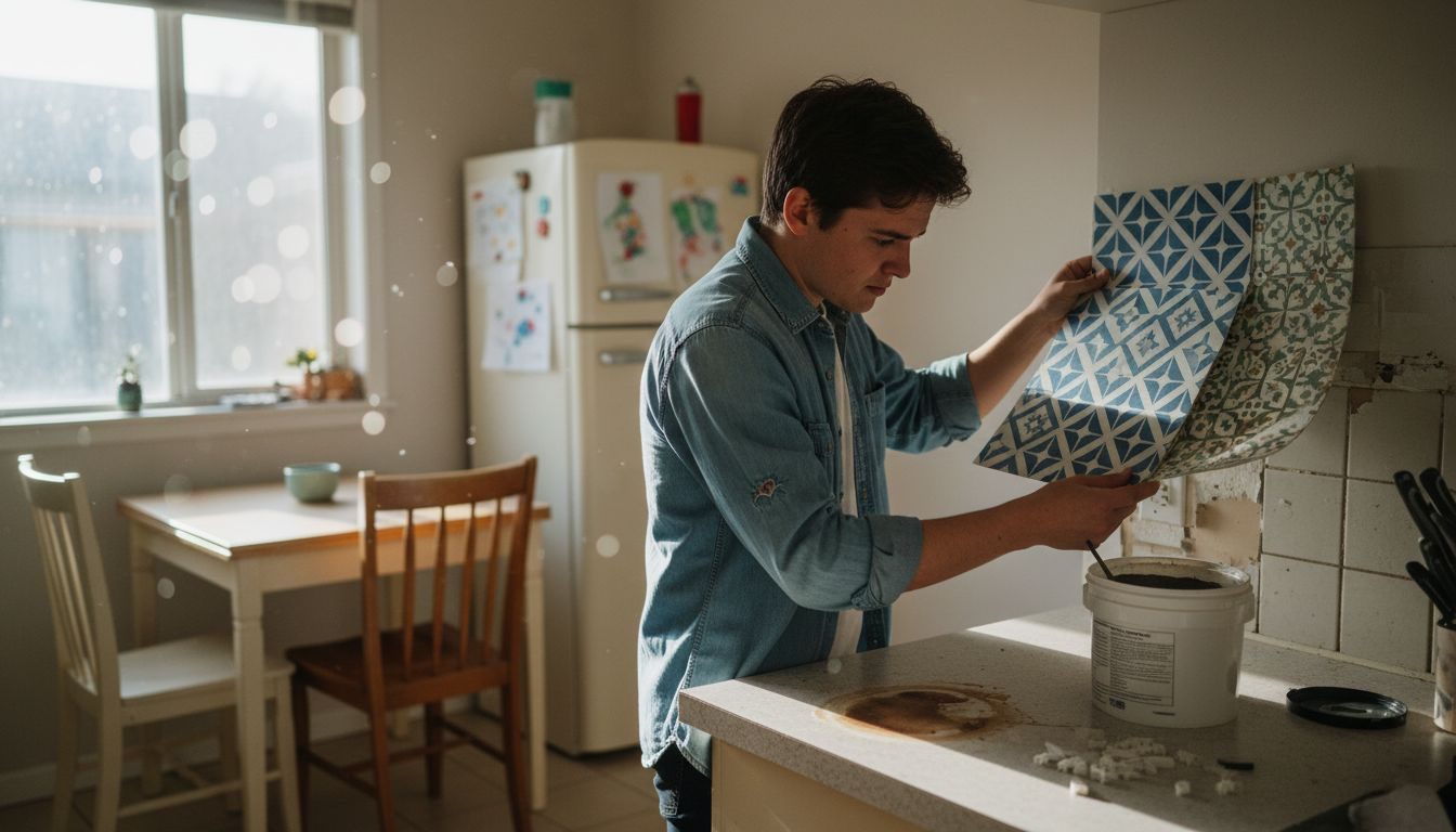 Person choosing mosaic tile patterns in kitchen