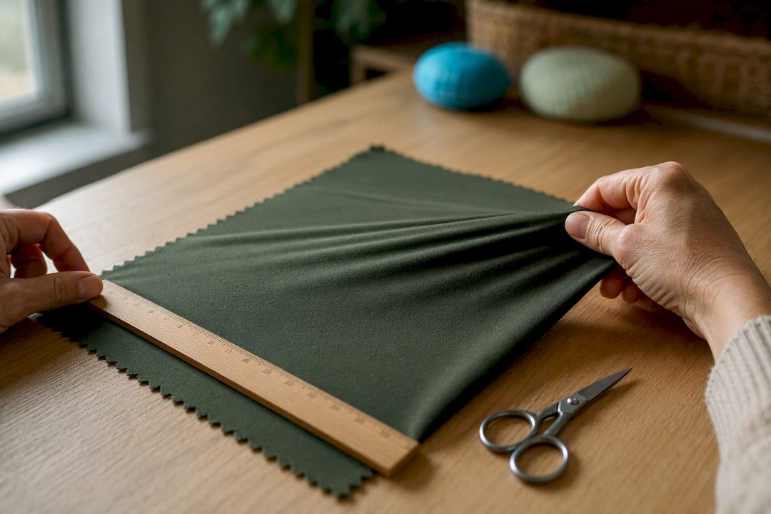 Hands measuring a stretch fabric swatch
