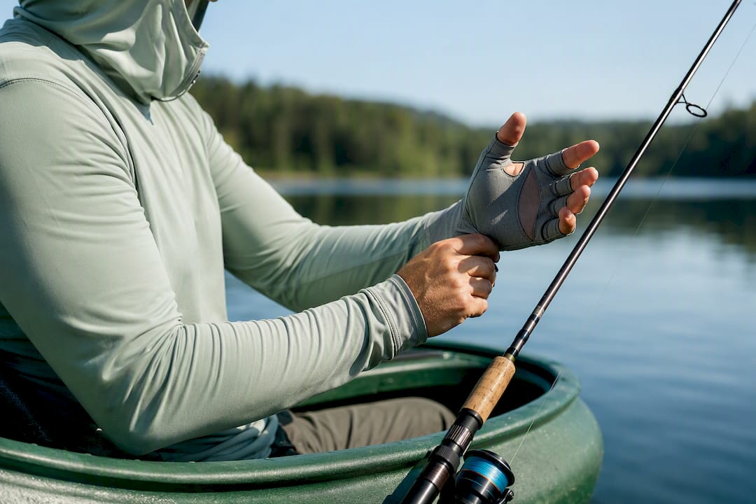 Angler wearing gloves while kayak fishing