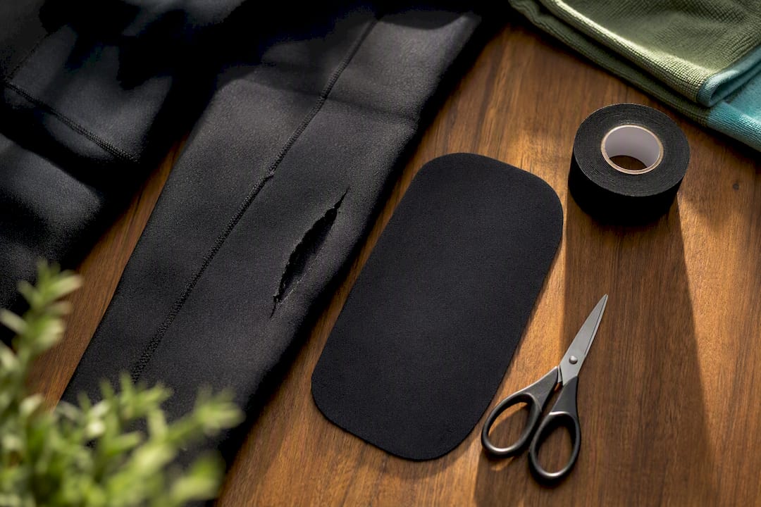 Oversized patch beside torn neoprene panel