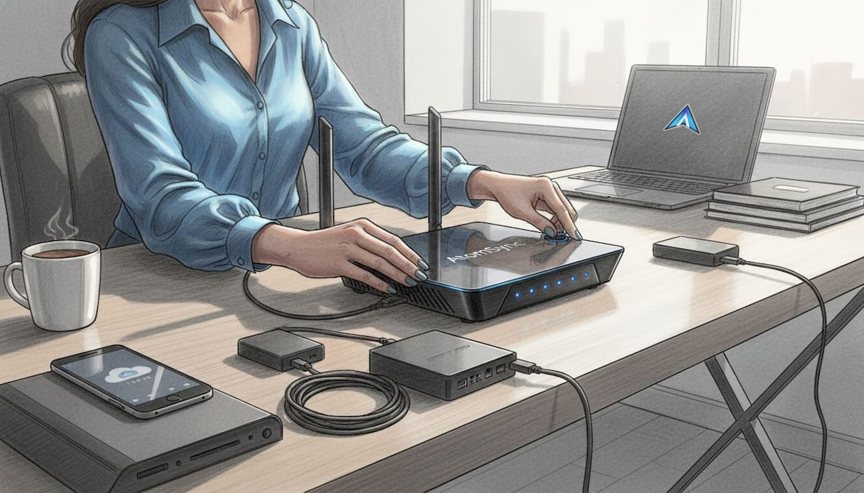 Una donna sistema il router di casa con le proprie mani.