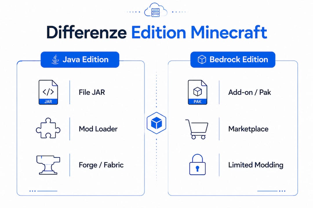 Grafica informativa che mette a confronto le versioni Java e Bedrock di Minecraft per quanto riguarda le mod