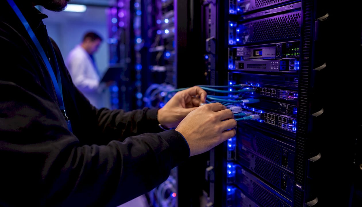 Mani al lavoro che collegano cavi di rete ai server
