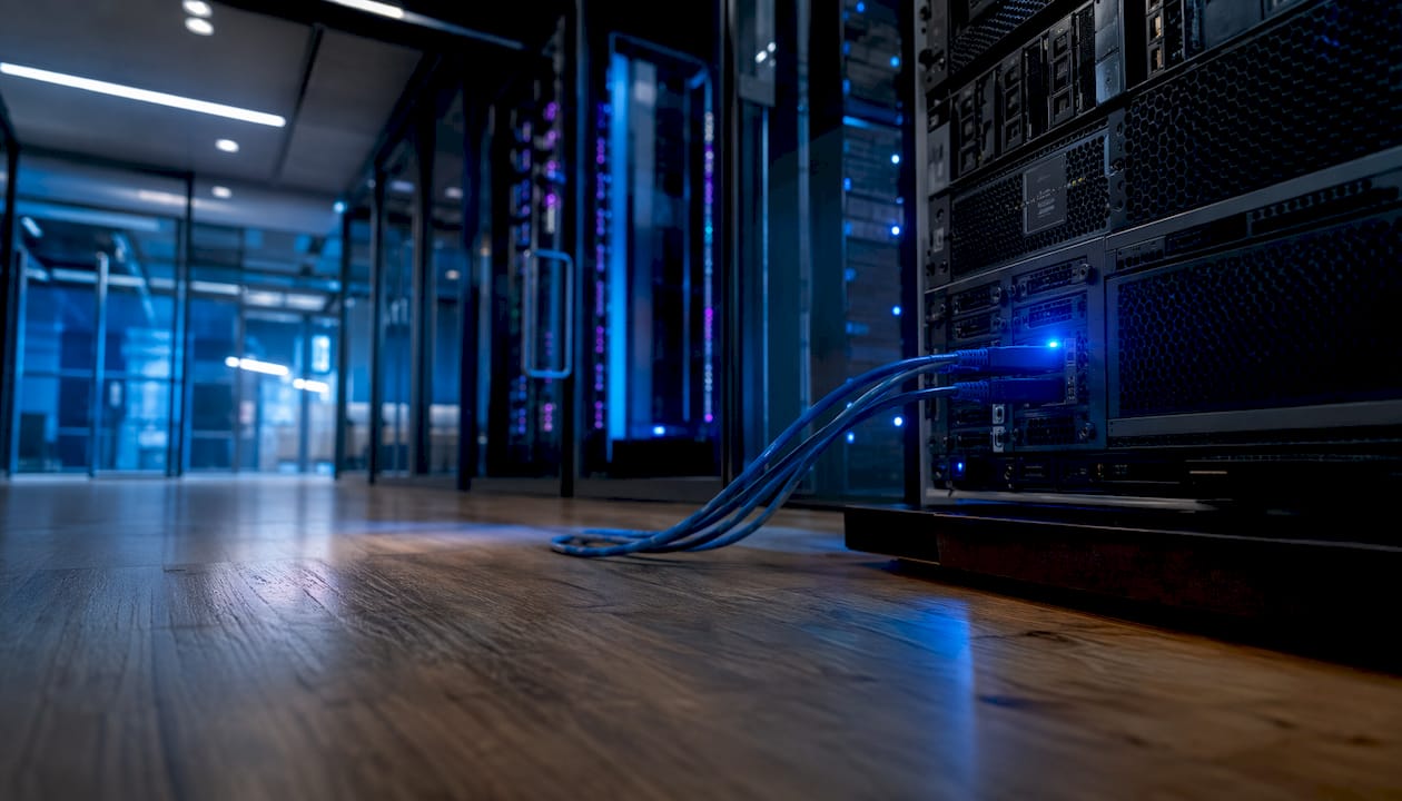 Vista dall’alto di una sala server con cavi blu ben organizzati e rack allineati.