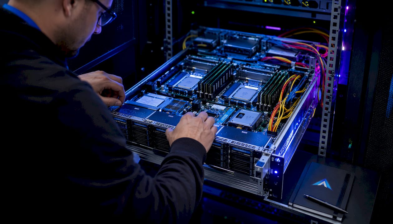Dettaglio ravvicinato dei componenti di un server dedicato al gaming all’interno di un datacenter