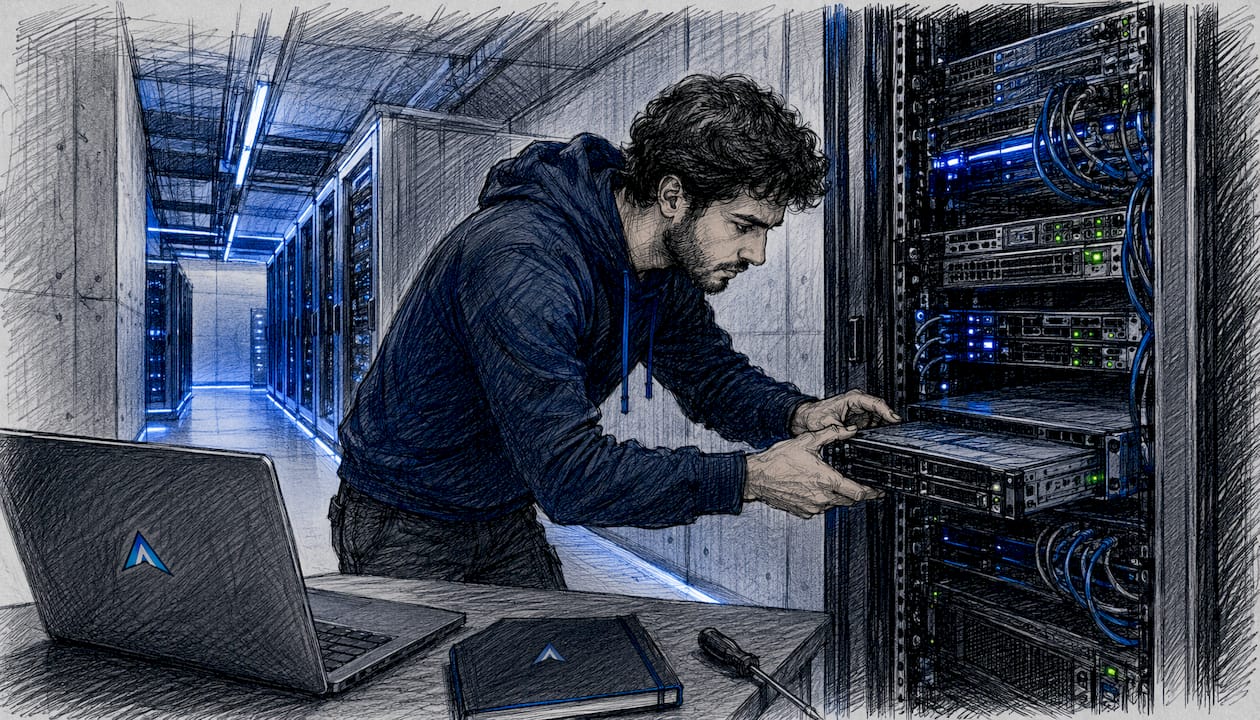 Un tecnico sta effettuando l'aggiornamento dei server all'interno di un moderno data center.