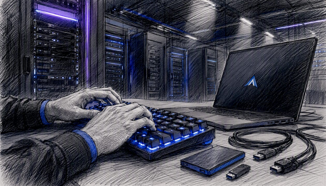 Dita che scorrono veloci sulla tastiera per scrivere i comandi di backup