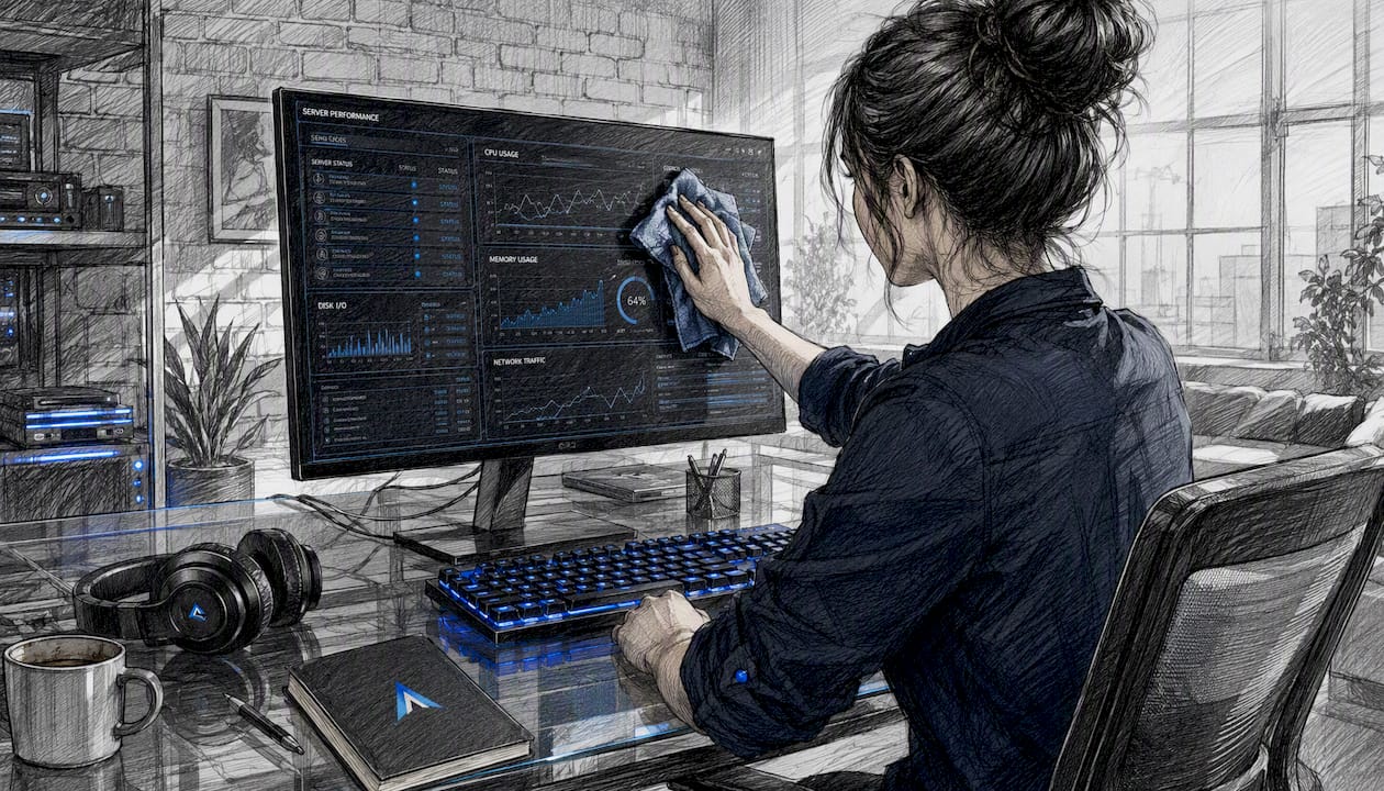 Una donna sta pulendo il monitor in una sala computer, contribuendo a mantenere l’ambiente ordinato e igienico.
