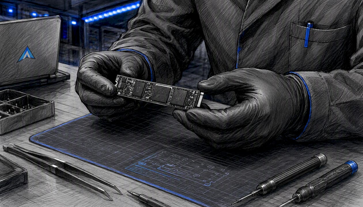 Dettaglio ravvicinato di un tecnico mentre esamina i componenti di un SSD NVMe