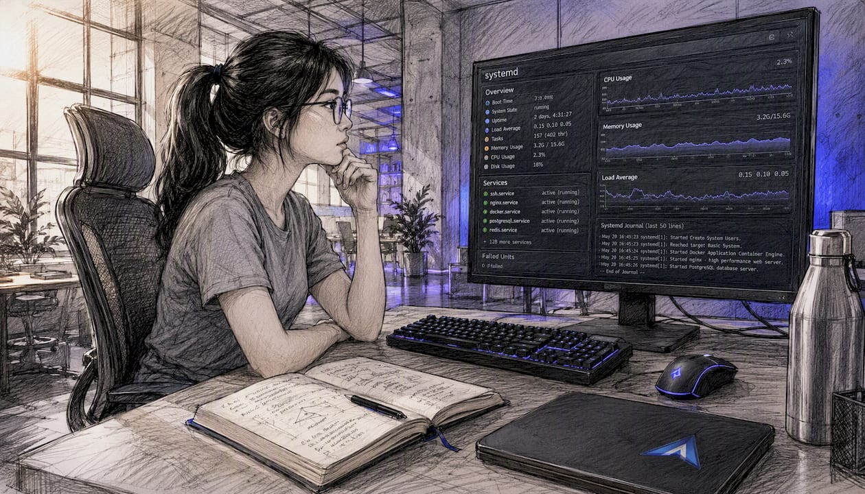 Una donna alle prese con la configurazione del servizio systemd per il server di Palworld.