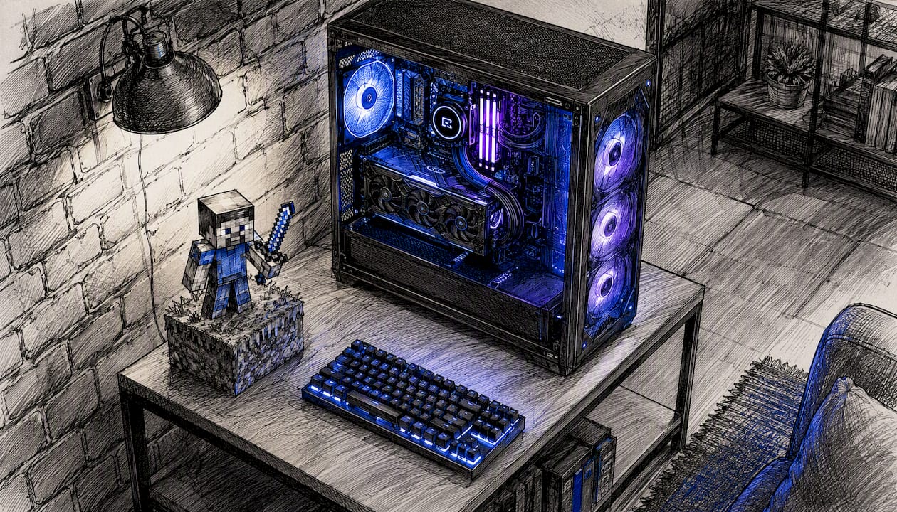 PC assemblato su misura con illuminazione RGB nei toni del blu e del viola