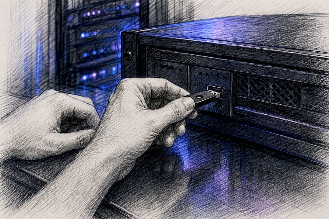 Mani che inseriscono un token USB di sicurezza