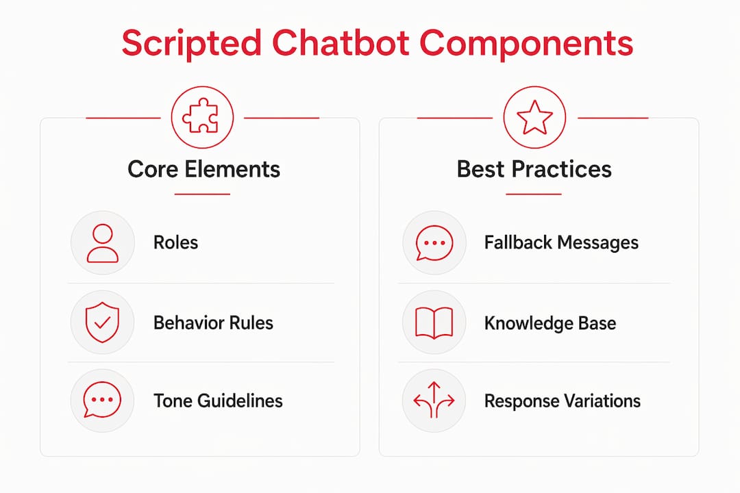 Infographic comparing core components and best practices of scripted chatbots