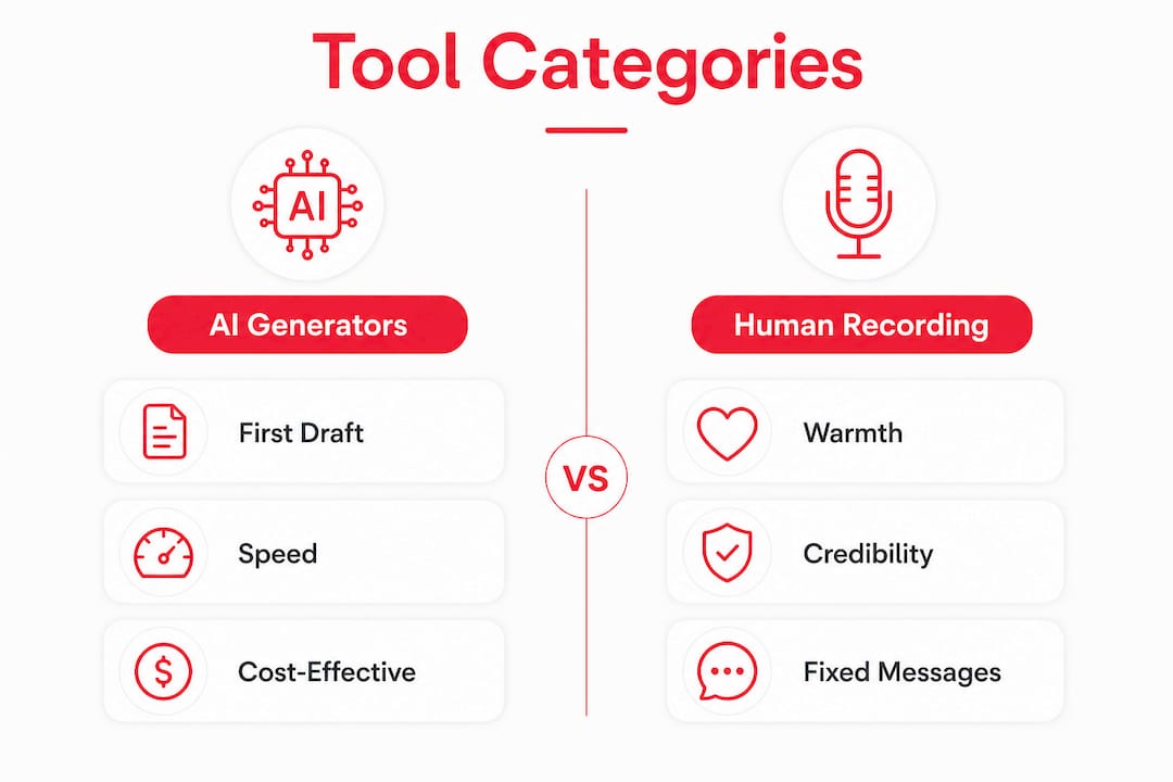 Infographic comparing AI generators and human recordings for voice scripts
