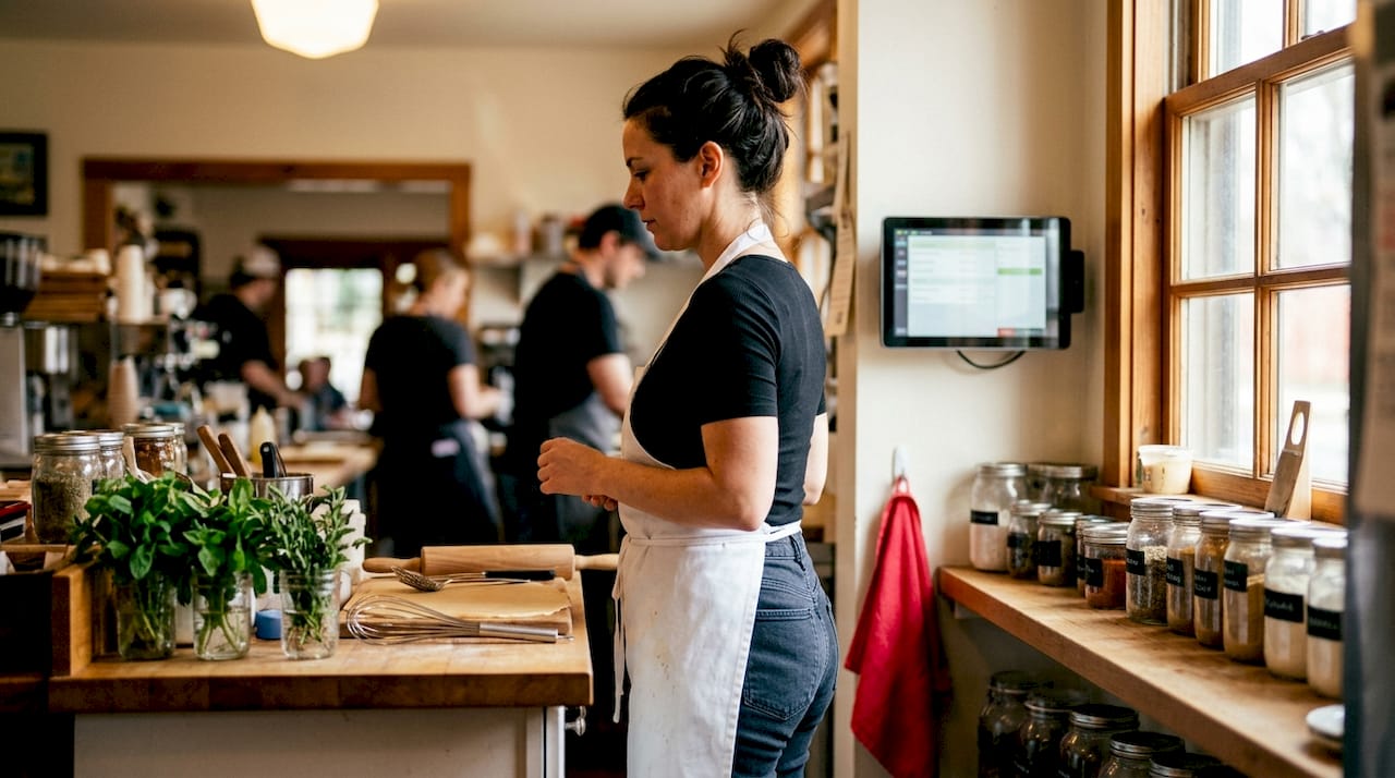 Chef checking kitchen display system in kitchen