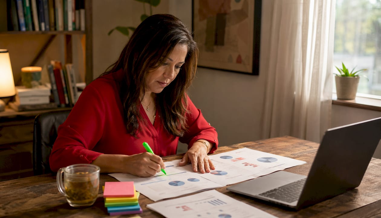 Woman analyzing multilingual support KPIs at table