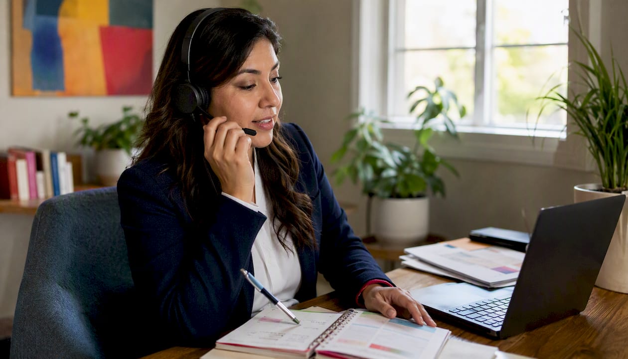 Sales rep making calls in busy office cubicle