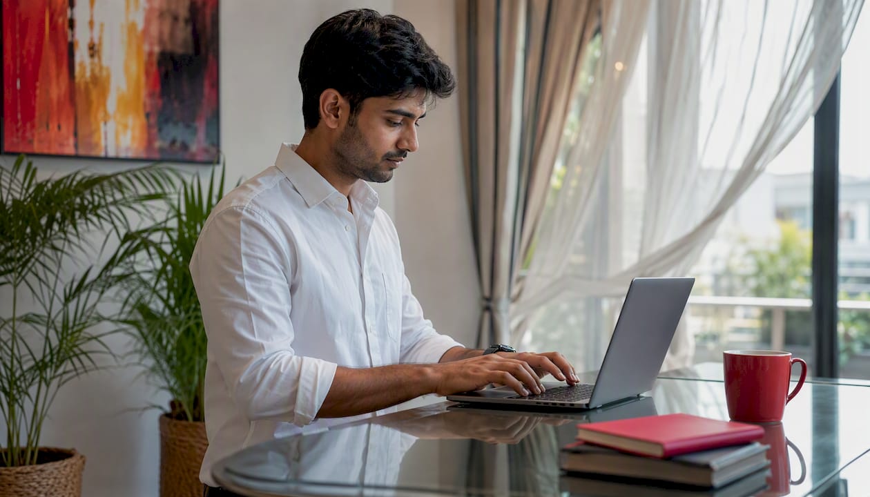 Man working on laptop message routing in coworking space