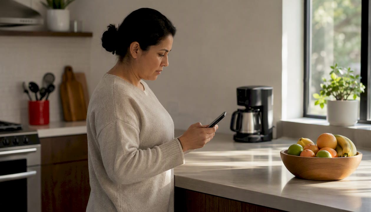 Woman using tablet for texting at home office