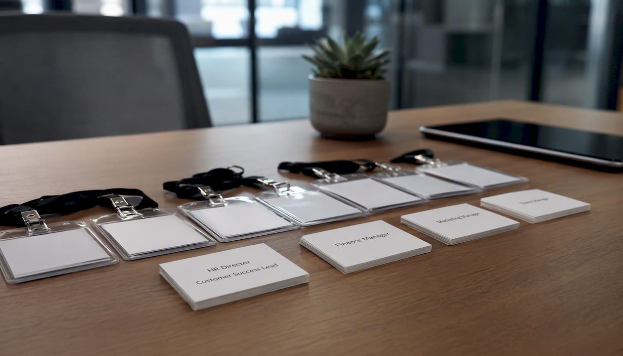 Hand arranging generic job title badges
