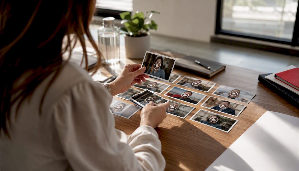 Hands stacking personalized video thumbnails on desk