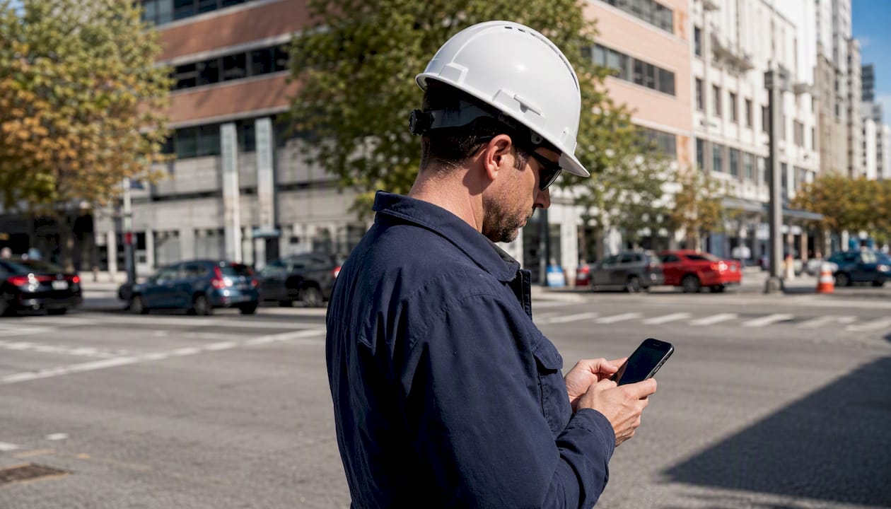 Field technician using phone outdoors for job update