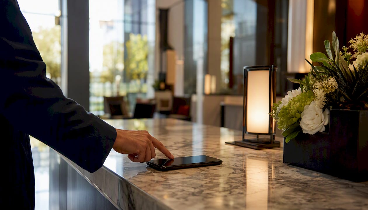 Hand powering on smartphone on reception desk