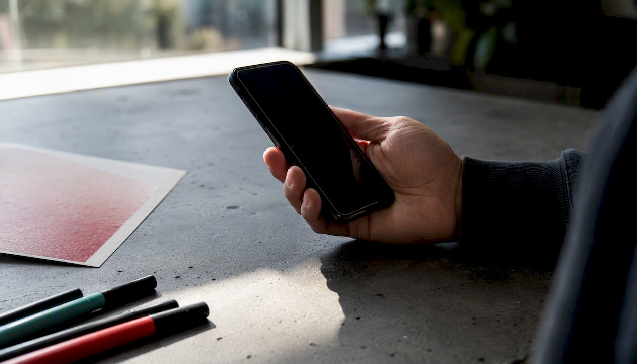 Hand holding smartphone with dark screen notification