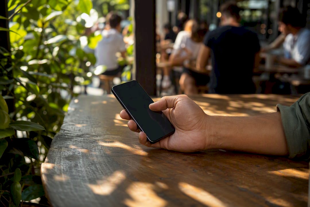 Hand interacting with a smartphone outdoors