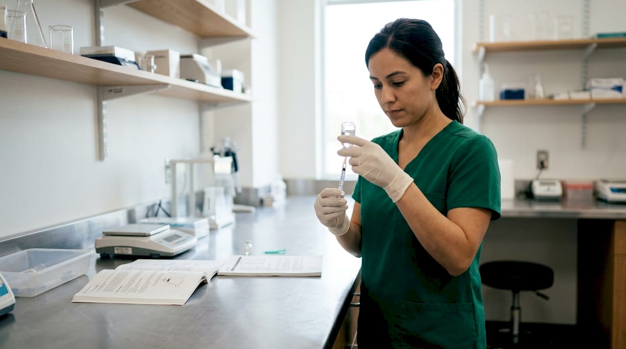 Hands drawing solvent into syringe for peptide reconstitution
