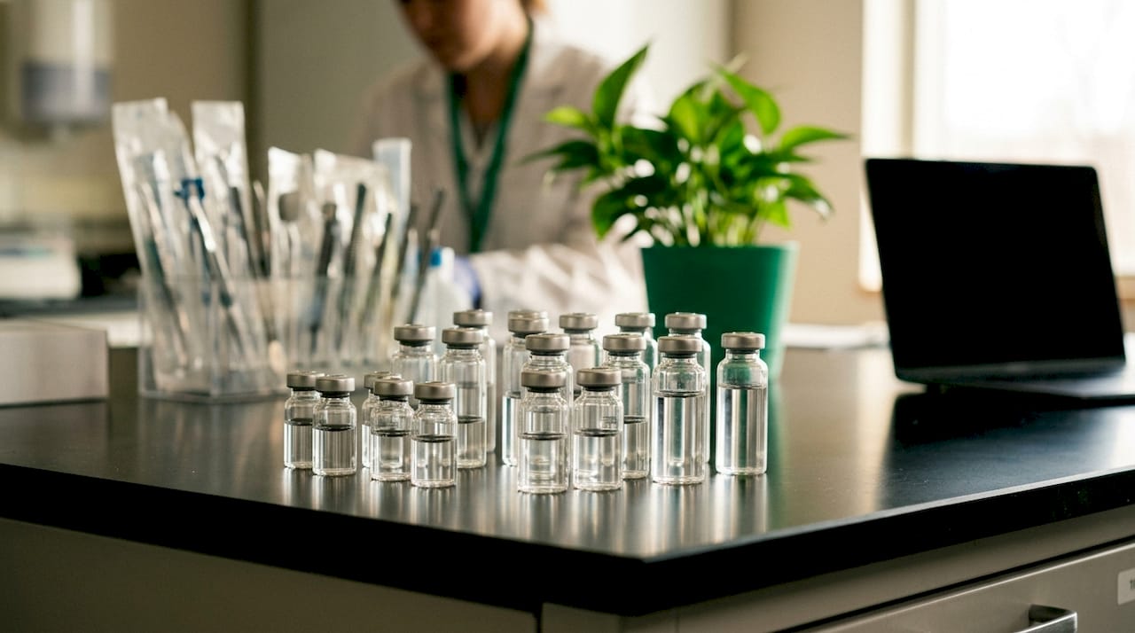 Various sizes of borosilicate peptide vials on bench