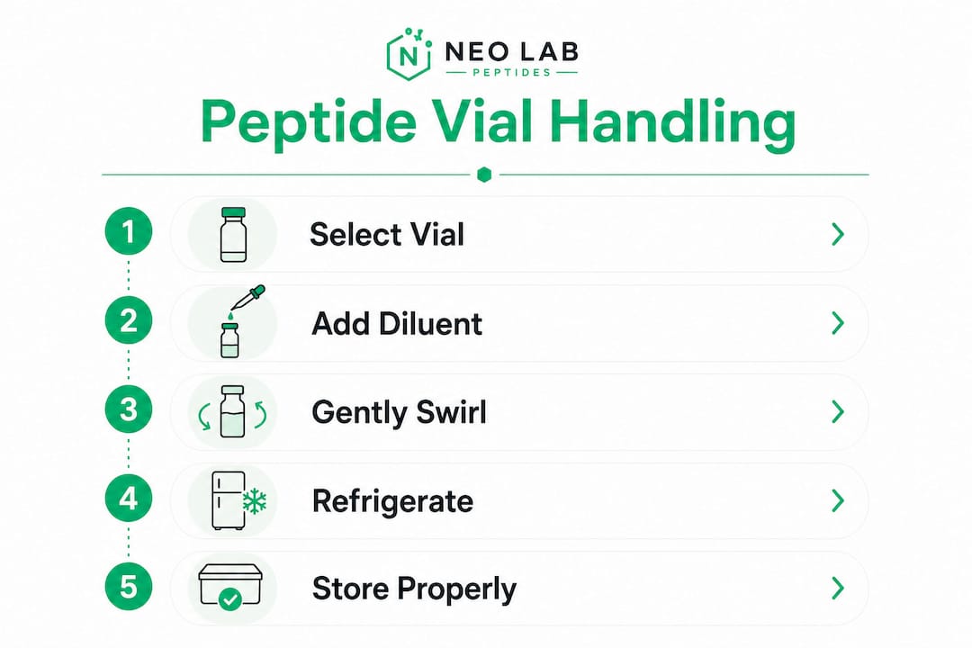 Infographic showing peptide vial handling steps