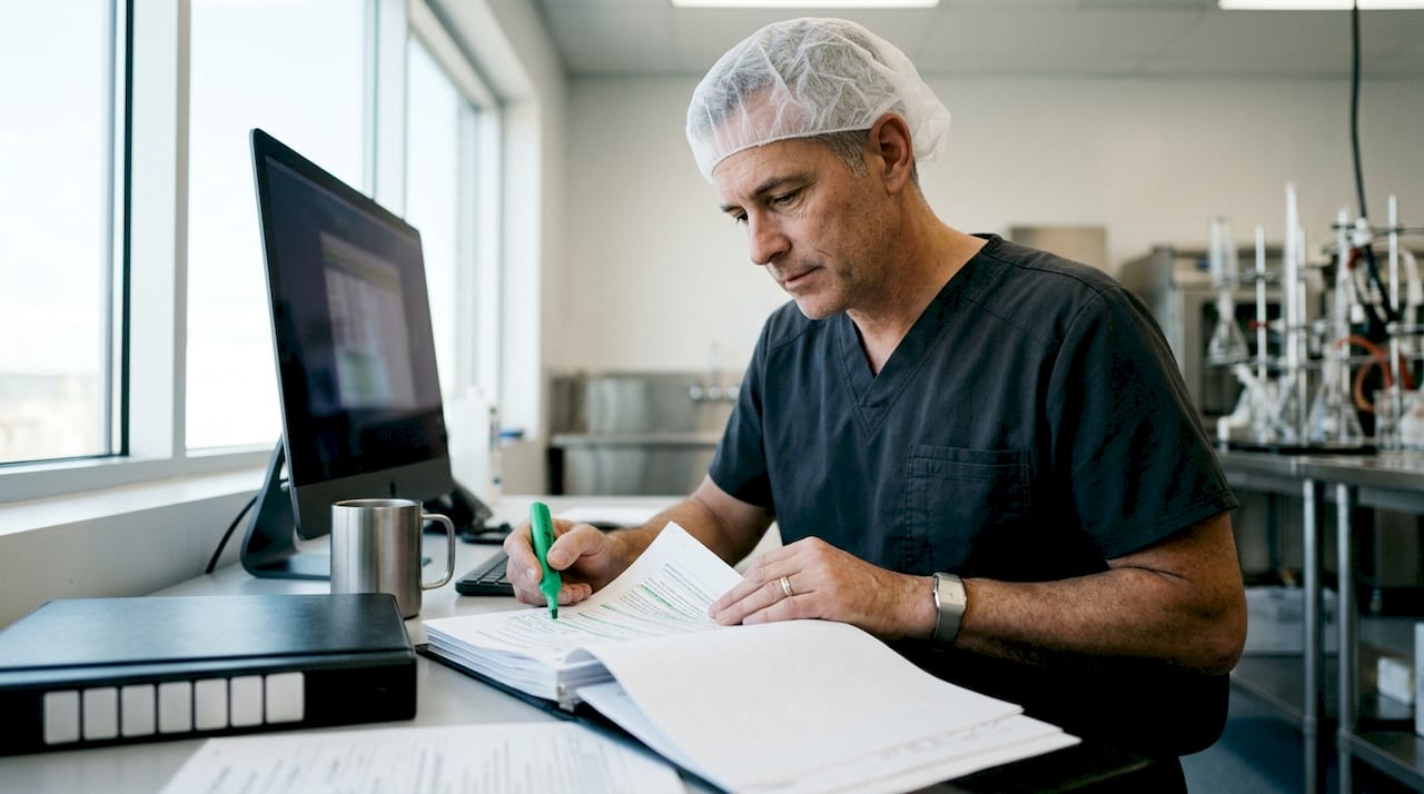 Quality analyst reviewing process validation paperwork