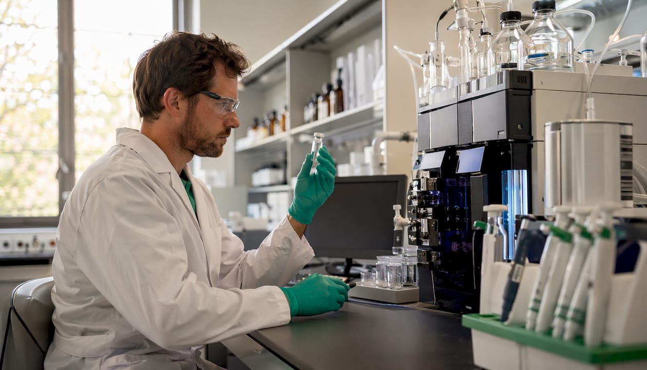 Lab hands holding peptide sample by chromatography instruments