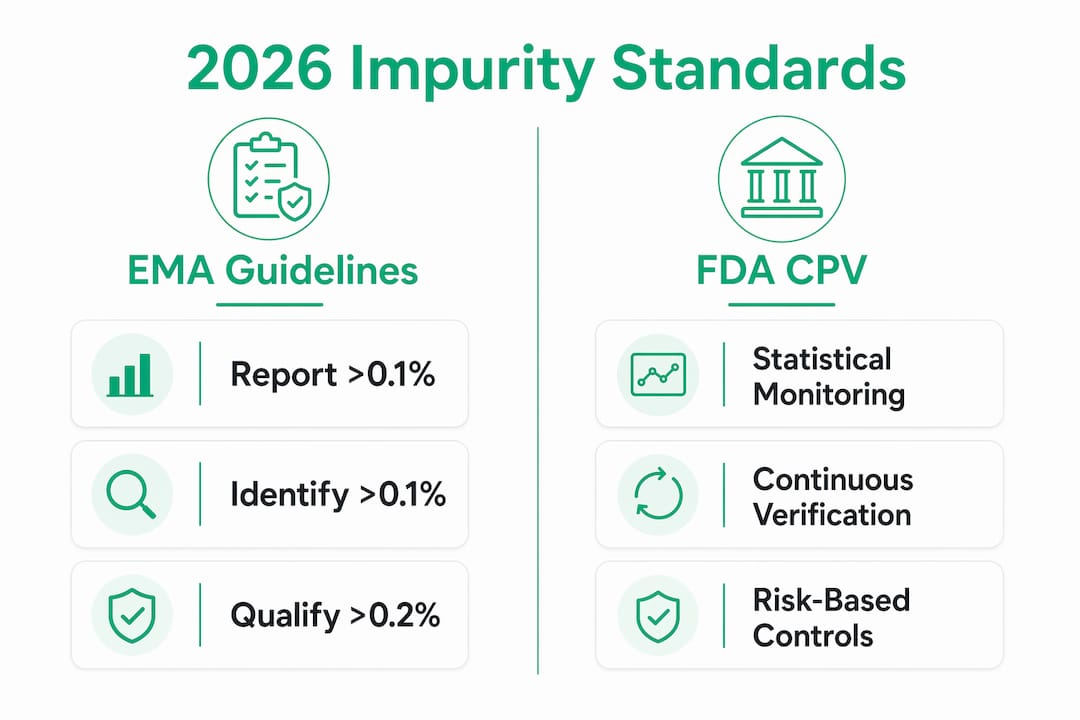 Infographic comparing 2026 EMA and FDA impurity standards