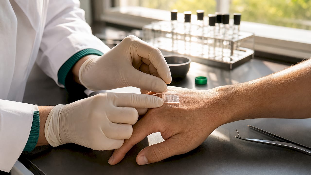 Close-up of microneedle patch near forearm skin