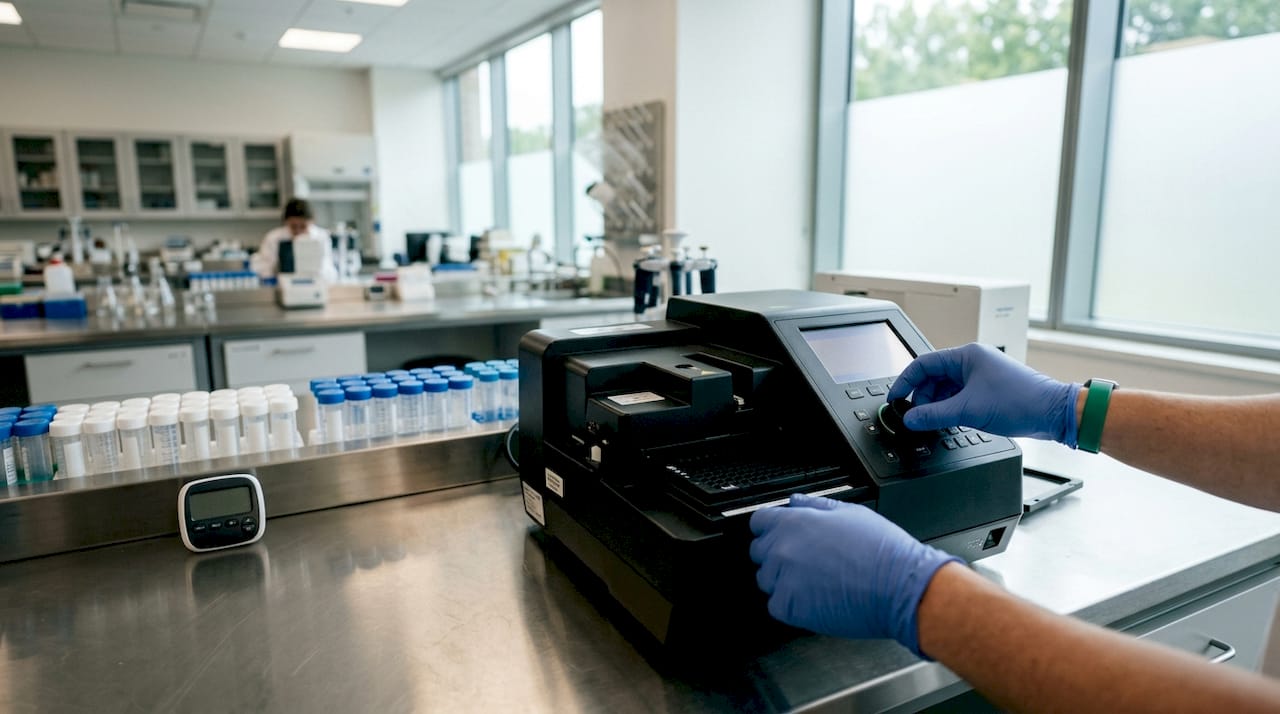 Hands operating fluorescence microplate reader