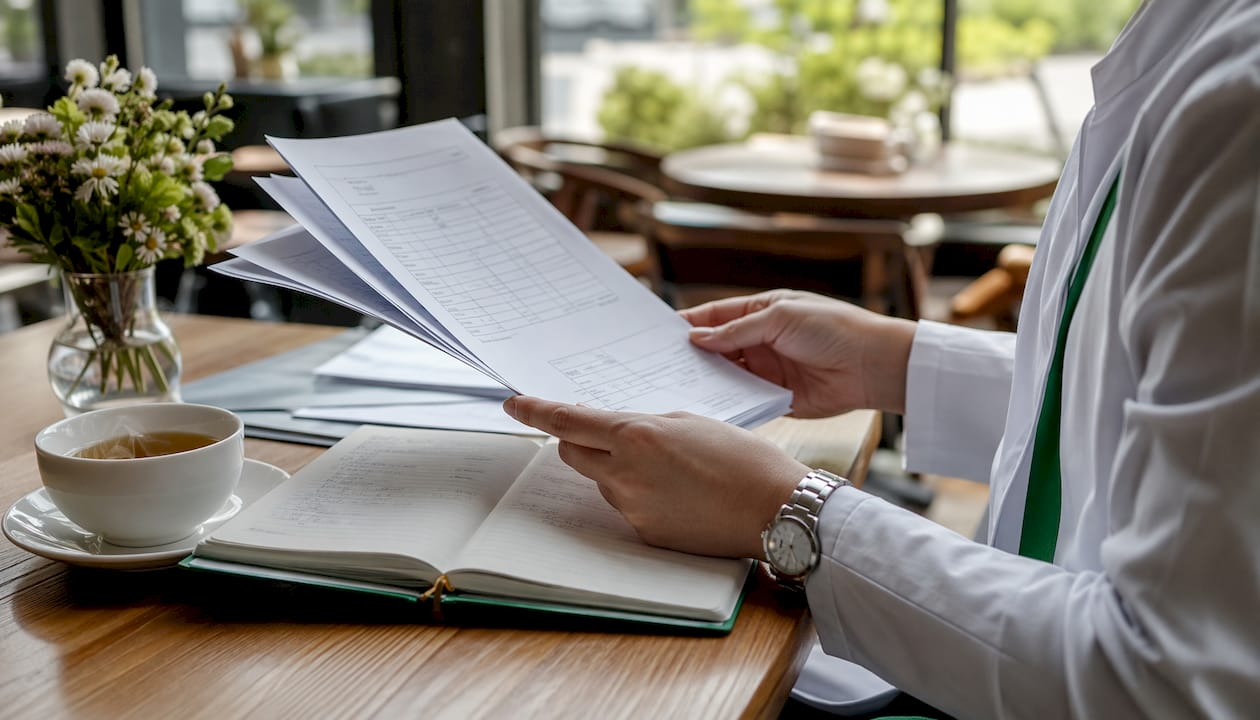 Hands holding peptide supplier documentation in lab office