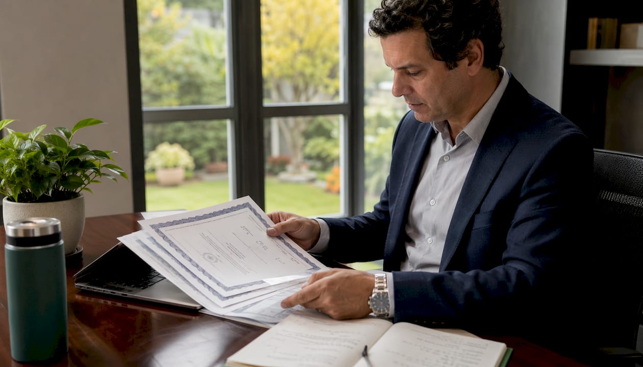 Man reviewing laboratory accreditation documents overhead