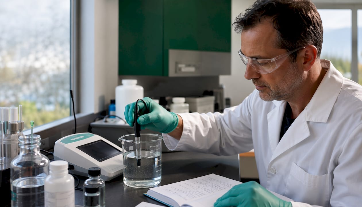 Hands measuring pH of peptide nasal spray solution
