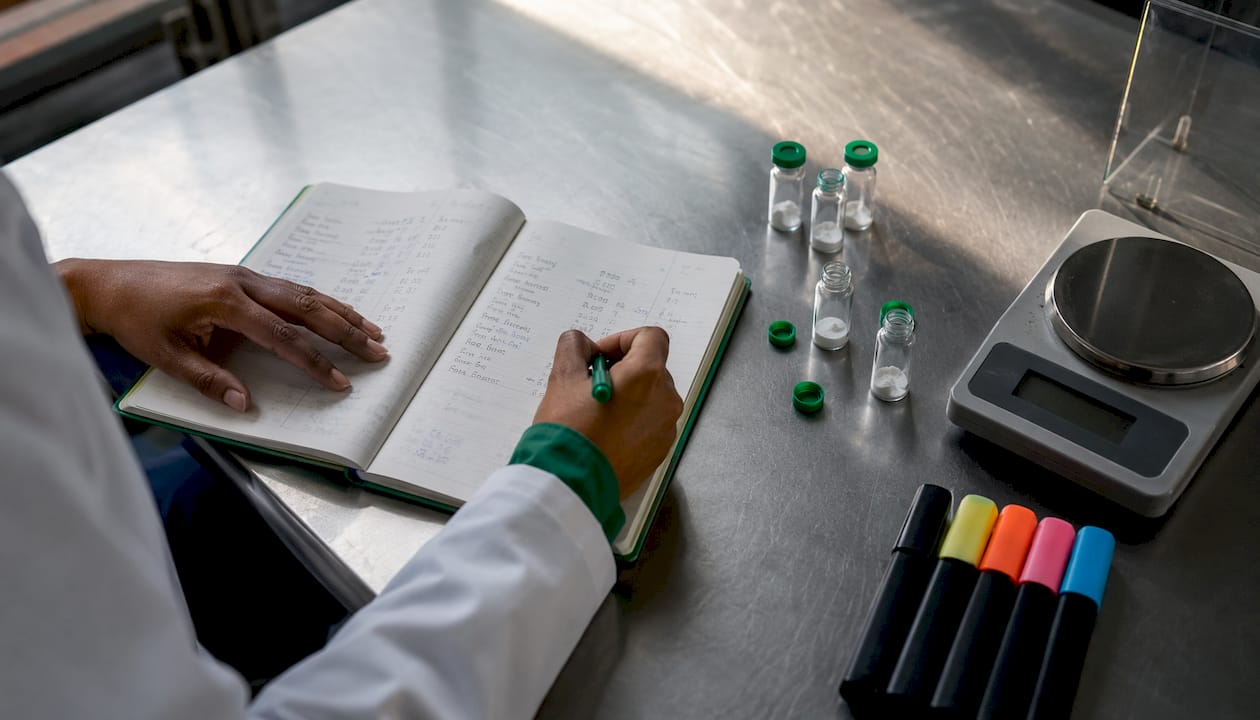 Hands writing peptide budgeting research log