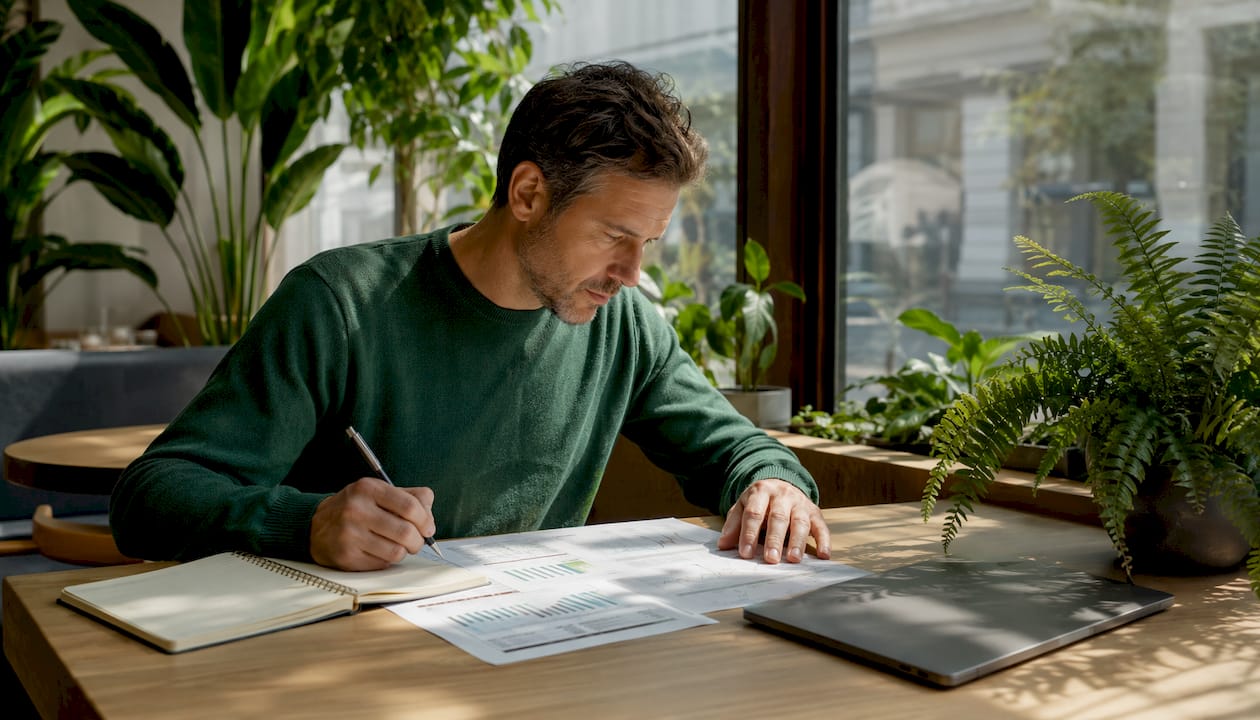 Researcher comparing peptide price charts at desk