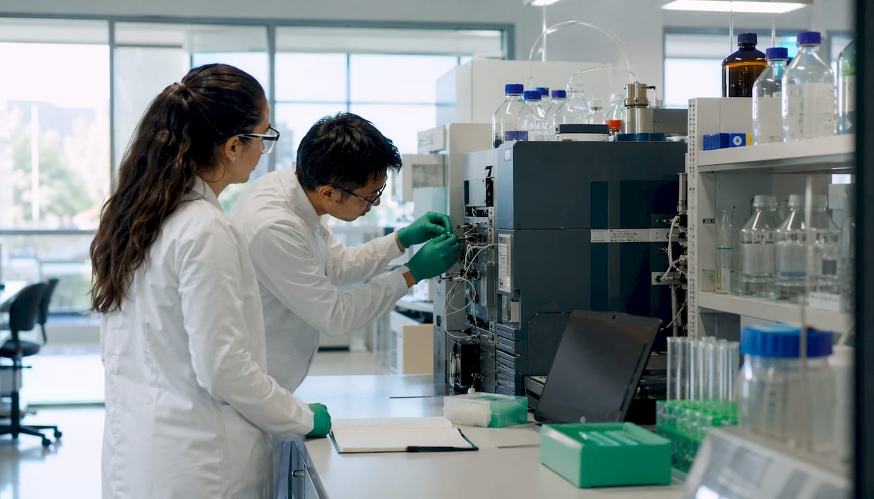 Close-up hands adjusting HPLC for peptide analysis
