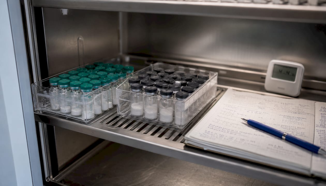 Close-up of peptide vials stored in lab refrigerator