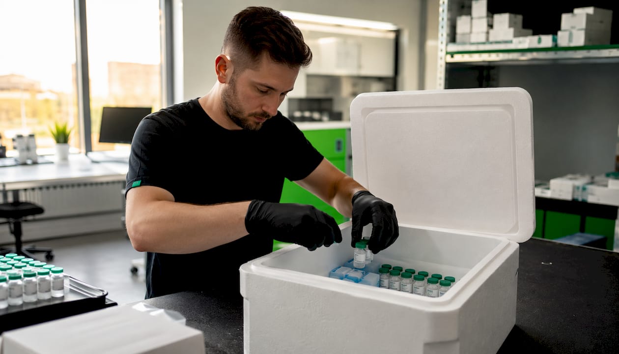 Hands packing peptide vials for shipment