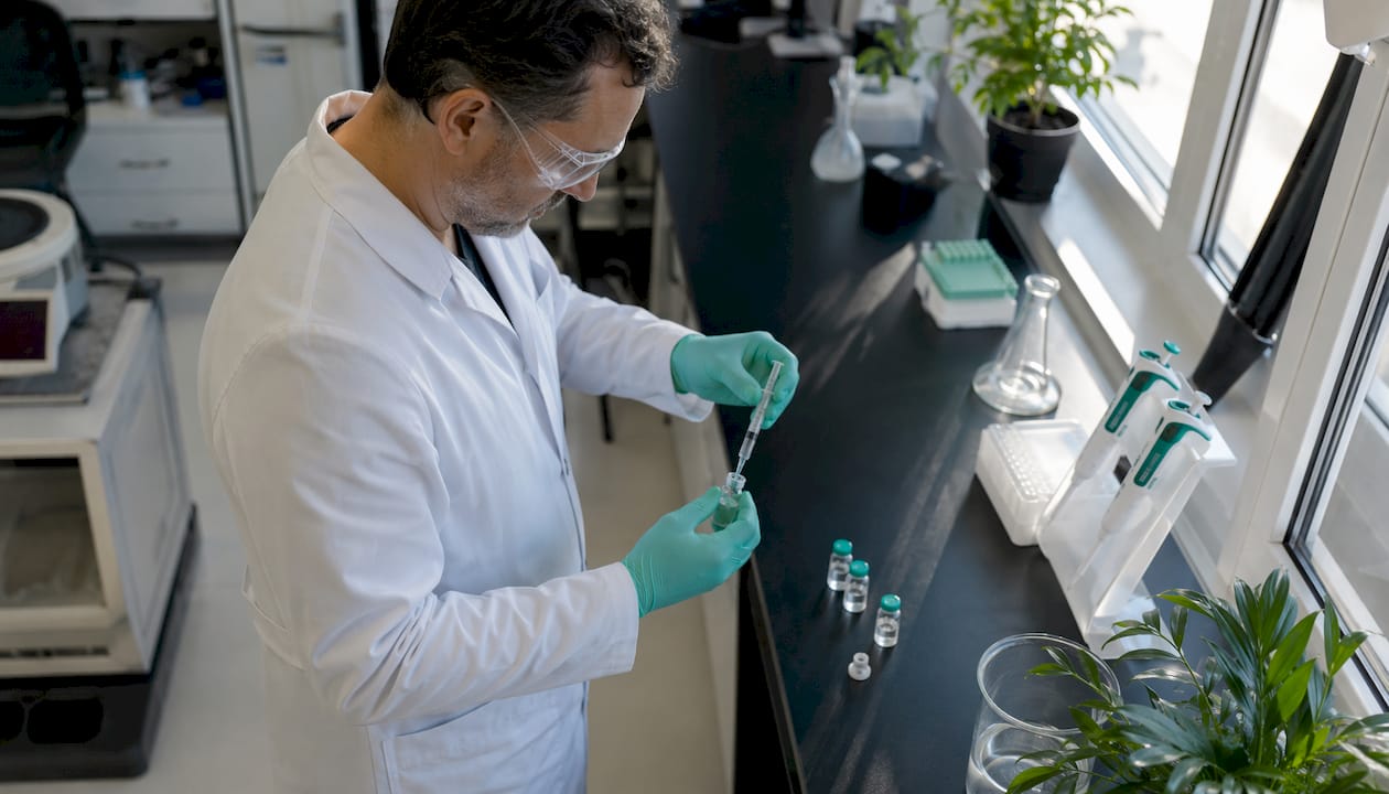 Scientist reconstituting peptide vial in lab