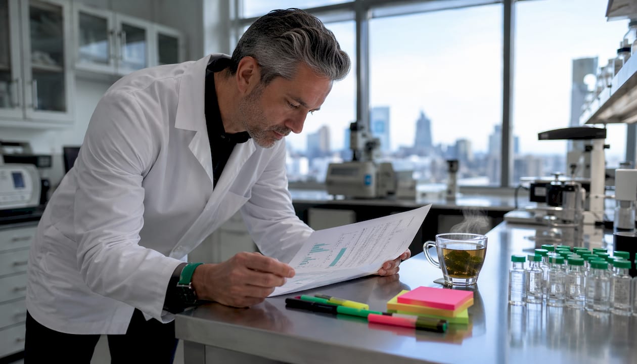 Scientist reading certificate of analysis document