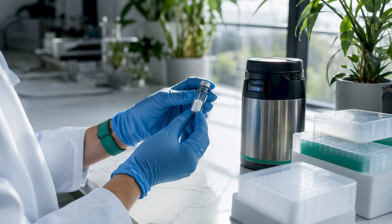 Gloved hands inspecting peptide vial with documents